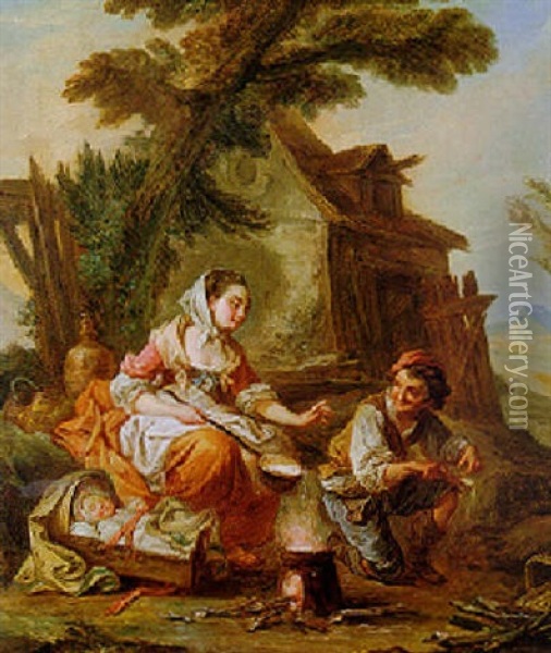 A Family Cooking Over A Brazier In A Landscape Oil Painting - Jean Baptiste Marie Pierre