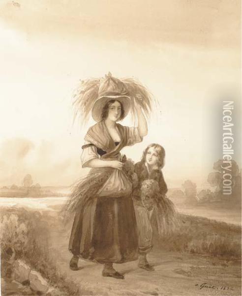 Une Femme Et Un Enfant Portant Des Ballots De Paille Dans Un Paysage Oil Painting - Charlemagne Oscar Guet