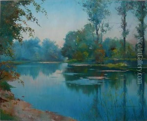 Morning Reflections On An Italian Lake Oil Painting - C. Brunner
