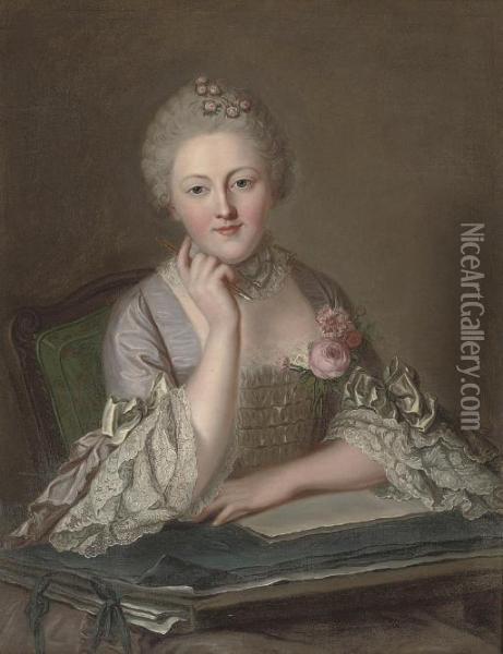 Portrait Of A Lady, Seated Half-length, At A Table Holding A Pen In Her Right-hand Oil Painting - Carle van Loo