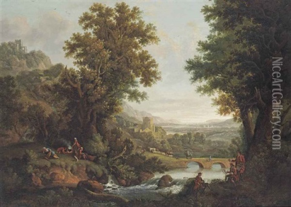 An Extensive River Landscape With Artists Sketching In The Foreground, Drovers And Their Herd By A Bridge, A Settlement Beyond Oil Painting - George Smith of Chichester
