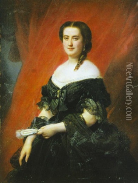 Portrait De Jeune Femme Tenant Un Eventail Oil Painting - Herman Wintherhalter