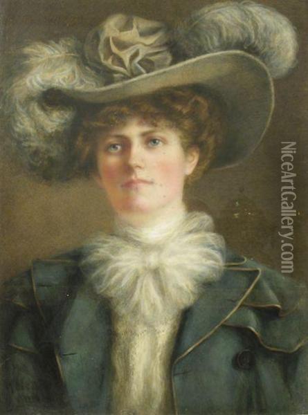 Portrait Of A Lady Wearing A Feather Hat Oil Painting - Helen Hambidge