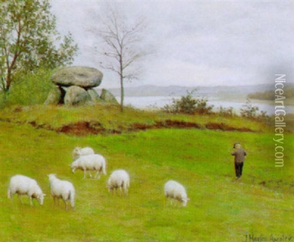 Landskab Med Far Og Vogter, I Baggrunden Stendysse Oil Painting - Johan Hansen-Aarslev
