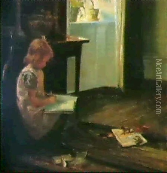 Interior Med Lille Pige, Der Sidder Og Tegner, Pa Gulvet    Legetoj Oil Painting - Carl Vilhelm Holsoe