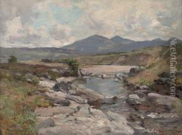 A Stream Through An Extensive Highland Landscape Oil Painting - Joseph Henderson