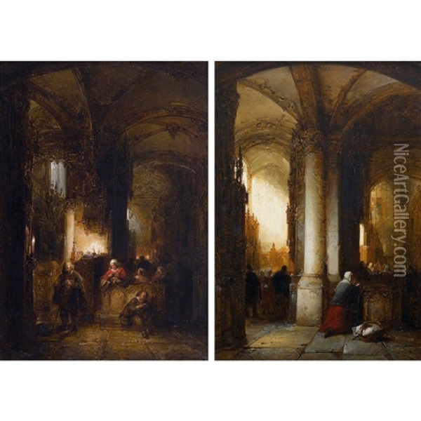 Kircheninterieurs Mit Betenden. Gegenstucke Oil Painting - George Gillis van Haanen