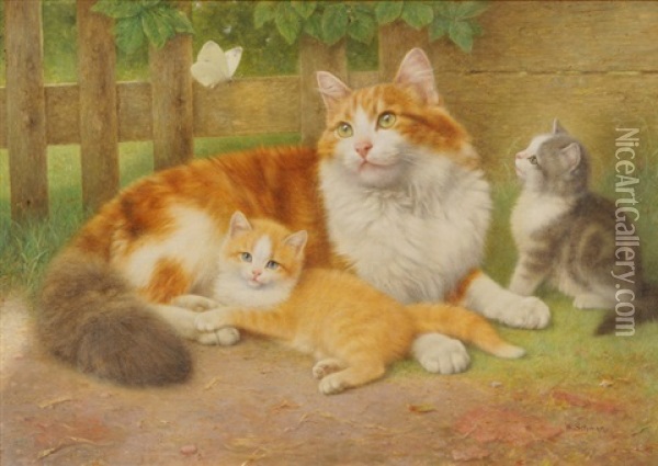 Katzenmutter Mit Ihren Zwei Jungen Oil Painting - Wilhelm Schwar