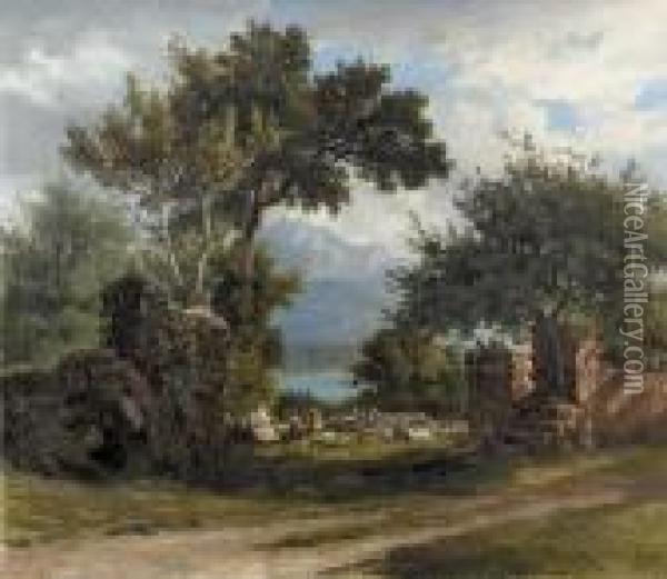 Landschaft Mit Bauerin Vor Pilatus Am Vierwaldstattersee. Oil Painting - Jakob Joseph Zelger