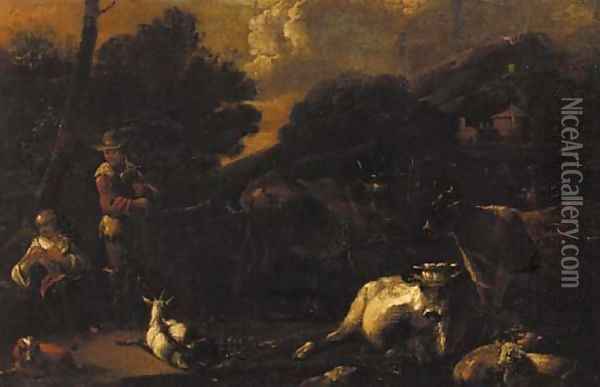 Figures tending livestock, a mountain beyond Oil Painting - Jan Miel