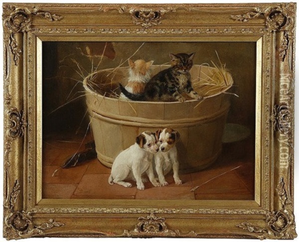 Young Friends, Kittens And Puppies At Play Oil Painting - Fannie Moody