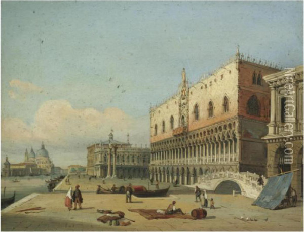 Venice, A View Of The Doge's 
Palace And Piazzetta Looking West Fromthe Riva Degli Schiavoni Oil Painting - Carlo Grubacs