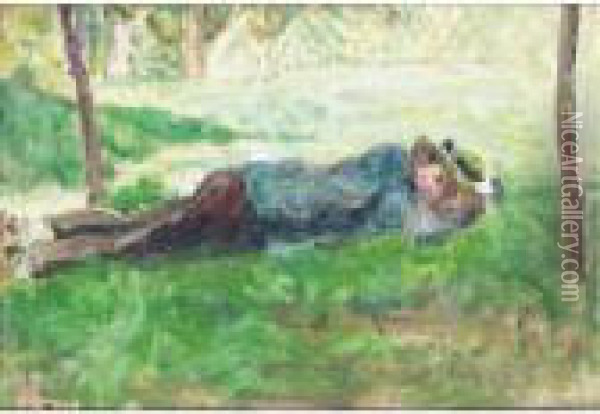 Jeune Paysan Couche Dans L'herbe Oil Painting - Camille Pissarro
