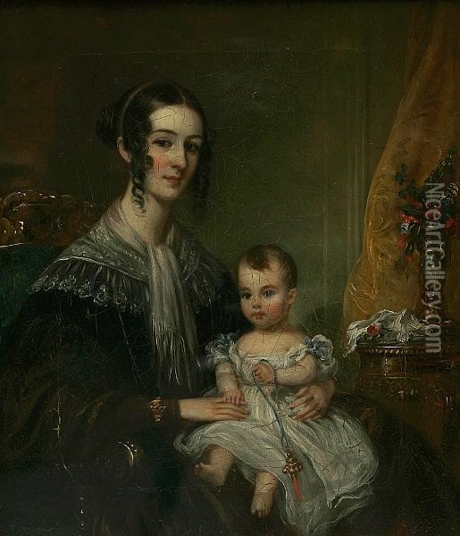 Portrait Of A Young Lady Seated With A Child Oil Painting - Andrew Geddes