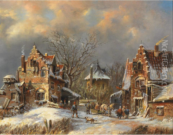 Winter Village With Townsfolk Conversing Oil Painting - Lodewijk Johannes Kleijn