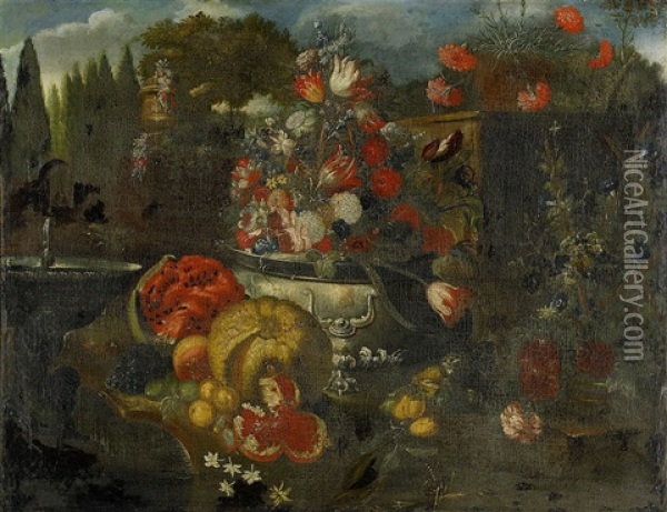 Garden Vase With Flowers And A Fountain Oil Painting - Gaspar Pieter Verbruggen the Younger