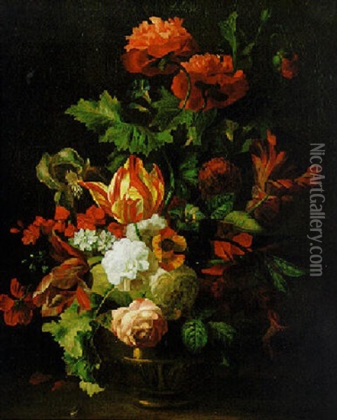 Tulips, Poppies, Roses And Other Flowers In A Brass Vase Oil Painting - Jakob Bogdani