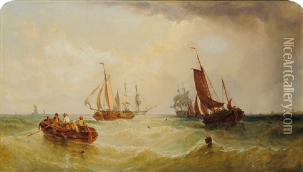 Shipping Off A Coastline Oil Painting - William Adolphus Knell