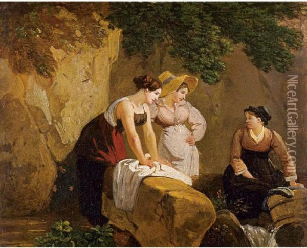 Washerwomen In A Grotto Oil Painting - Wolfgang-Adam Toepffer