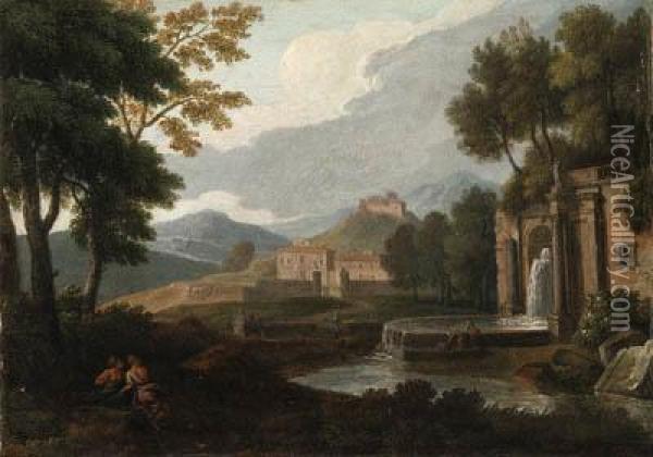 An Italianate Landscape With A Fountain And Philosophers Resting Inthe Foreground Oil Painting - Jan Frans Van Bloemen (Orizzonte)