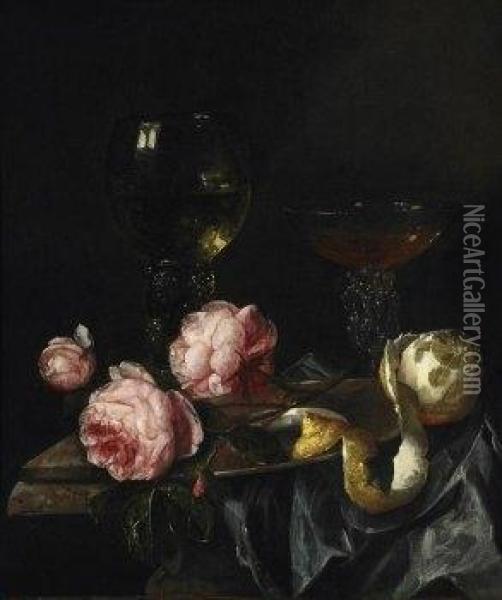 Still Life With Roses And Wine Goblet. With Monogram Lower Left: A.b. F Oil Painting - Abraham Hendrickz Van Beyeren