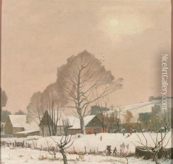 Winterliche Dorflandschaft Mit Hugelhintergrund Oil Painting - Max Durschke
