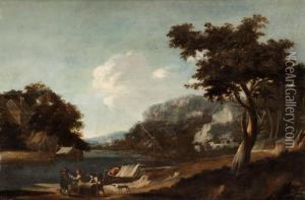 Flodlandskap Med Figurer Och Hundar Oil Painting - Willem de Heusch