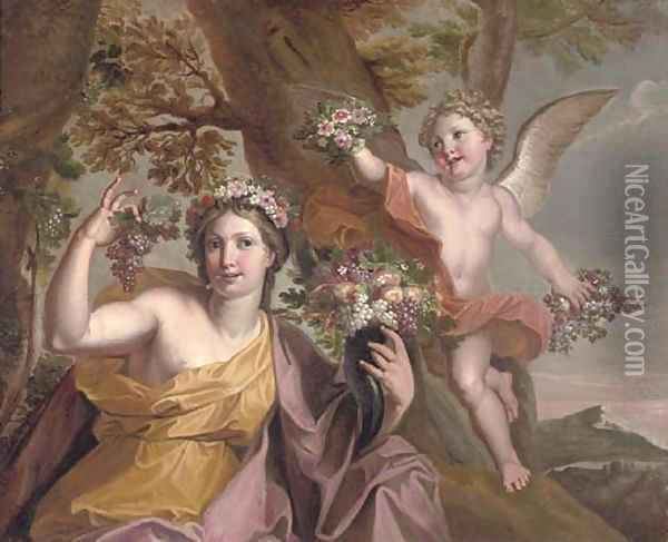 Abundance with a putti in a landscape Oil Painting - Noel-Nicolas Coypel