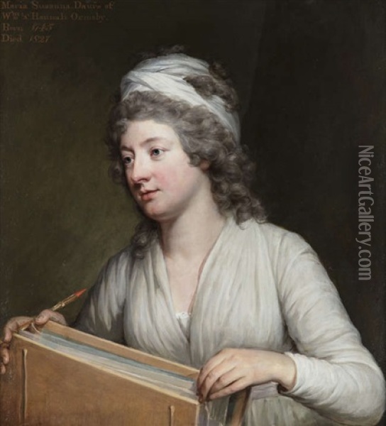 Portrait Of Maria Susanna Ormbsy, Seated Holding A Sketch Book Oil Painting - Hugh Douglas Hamilton