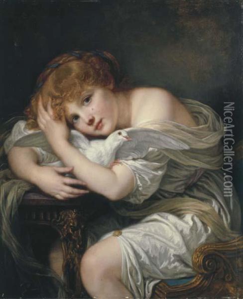 'la Jeune Fille A La Colombe' - A Young Girl Holding A Dove Oil Painting - Jean Baptiste Greuze