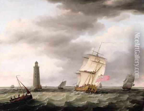 A Man of War passing the Eddystone Lighthouse Oil Painting - Francis Holman