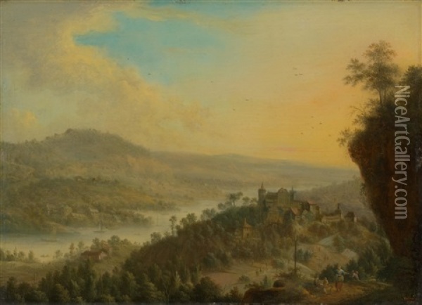 River Landscape With Figures Oil Painting - Johann Christian Vollerdt