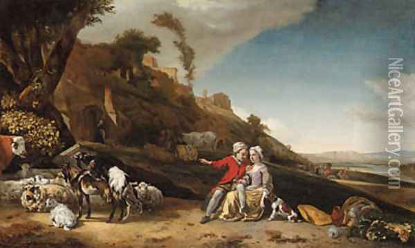A young couple with goats and sheep in an Italianate landscape Oil Painting - Jan Weenix