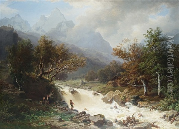 Fisherman At A Rushing Mountain Stream Oil Painting - Wilhelm Porttmann