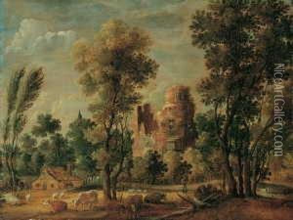 Baumlandschaft Mit Ruine, Kuhen Und Schafen Oil Painting - Gillis Claesz De Hondecoeter