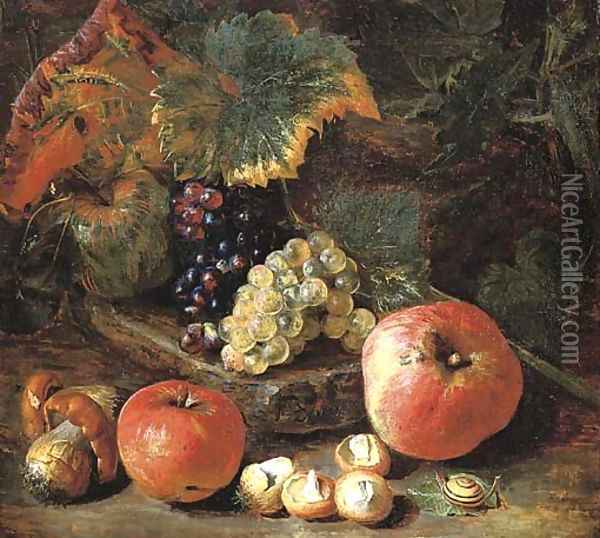 Grapes and vine leaves on a stone ledge with apples, mushrooms and a snail Oil Painting - Pieter Snyers