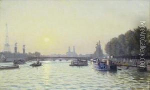 La Seine, Le Pont Alexandre Iii, En Fond L'ancien Trocadero Oil Painting - Charles Victor Guilloux