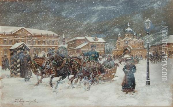 Troika In The Snow Oil Painting - Boris Kustodiev