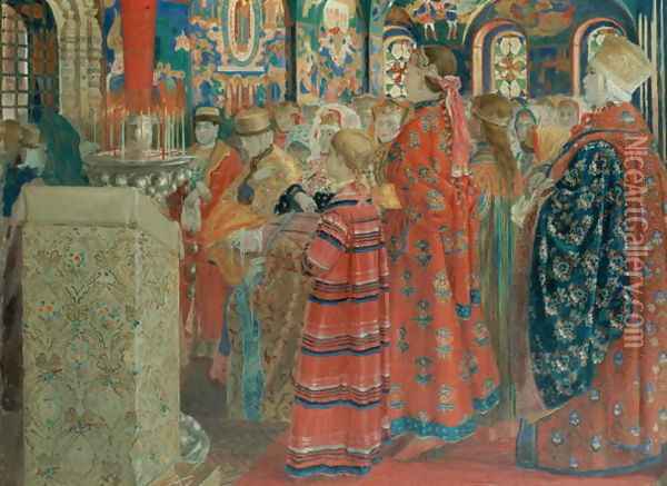 Seventeenth Century Russian Women at Church, 1899 Oil Painting - Andrei Petrovich Ryabushkin