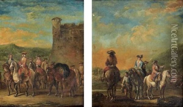 Cavaliers Devant Un Chateau Fortifie (+ Une Halte De Cavaliers Dans La Campagne Venitienne; Pair) Oil Painting - Francesco Simonini