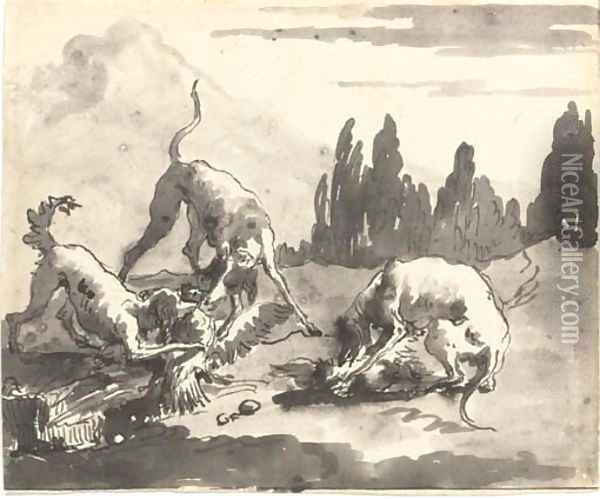 Dogs attacking chickens in a landscape Oil Painting - Giovanni Domenico Tiepolo