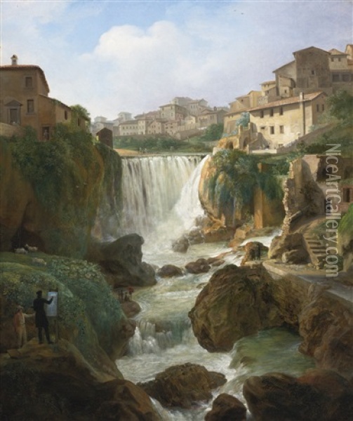 A View Of The Cascades At Tivoli With An Artist Sketching And Other Figures Oil Painting - Simon-Joseph-Alexandre Clement Denis