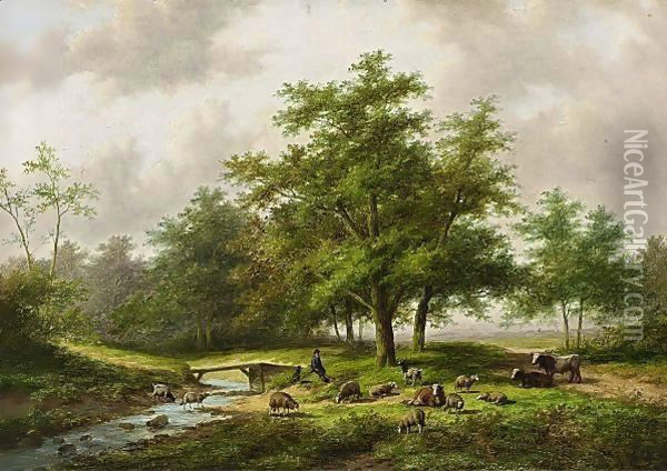 A Shepherd With His Flock In A Wooded Landscape Oil Painting - Jan Evert Morel