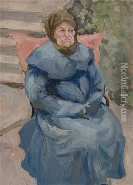 An Elderly Woman In A Blue Coat Oil Painting - Vladimir Davidovich Baranoff-Rossine
