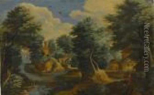 Extensive Landscape With Figures On A Track, And Figures In A Punt Oil Painting - Gillis van Coninxloo