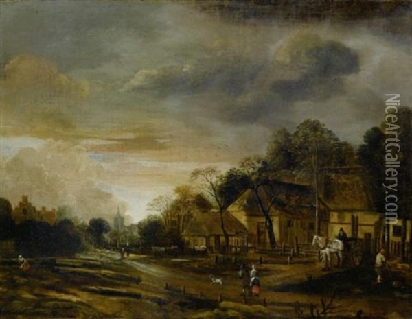Dorflandschaft Bei Sonnenuntergang Oil Painting - Anthonie Van Borssom
