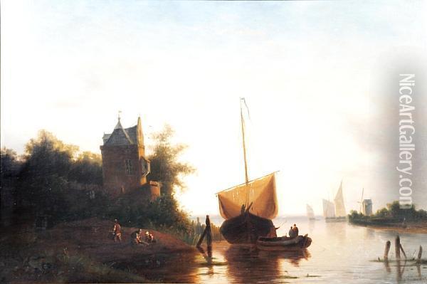 Figures And Shipping In An Estuary Oil Painting - Jacobus Freudenberg
