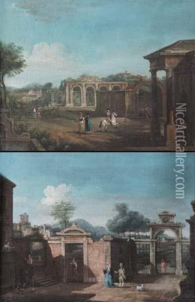 Paesaggio Con Cortile Di Villa E Figure 
Paesaggio Con Ruderi E Figure Oil Painting - Francesco Battaglioli