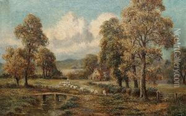 A Shepherd And His Flock On A 
Country Path; A River Landscape With A Figure Fishing In The Foreground Oil Painting - Sidney Yates Johnson