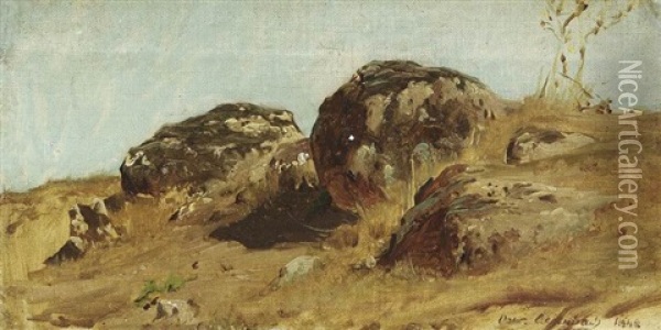 Hugellandschaft Mit Drei Grosen Steinen Oil Painting - Oswald Achenbach